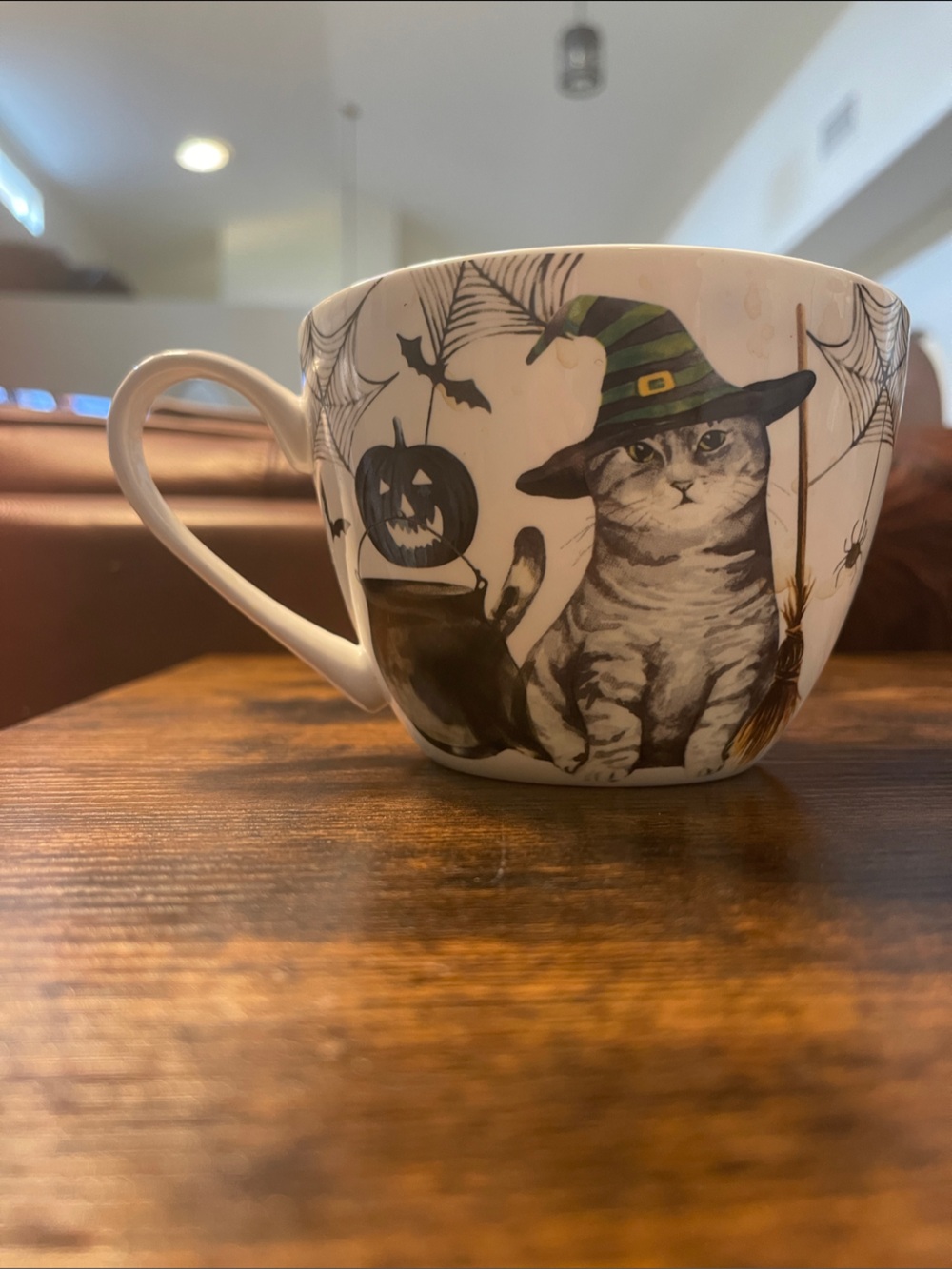 Halloween Cat Ceramic Coffee Mug - White with Green Accent